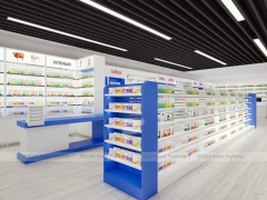Blue White Pharmacy Shelving under Black Linear Ceiling