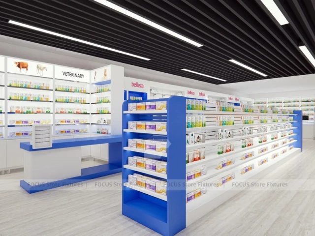 Blue White Pharmacy Shelving under Black Linear Ceiling