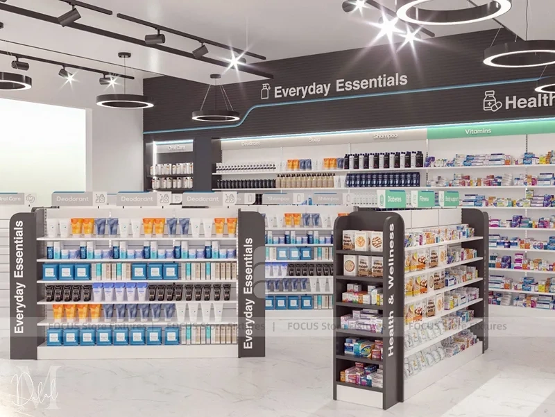 Body Essentials Pharmacy Beauty Wall Display Layout