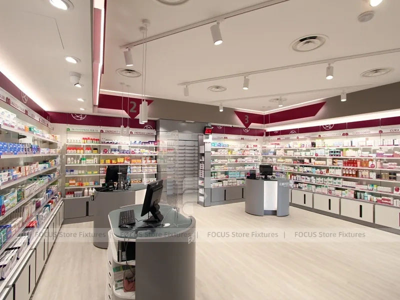 Burgundy Accent Pharmacy Shelving and Service Counters