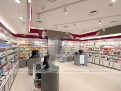 Burgundy Accent Pharmacy Shelving and Service Counters