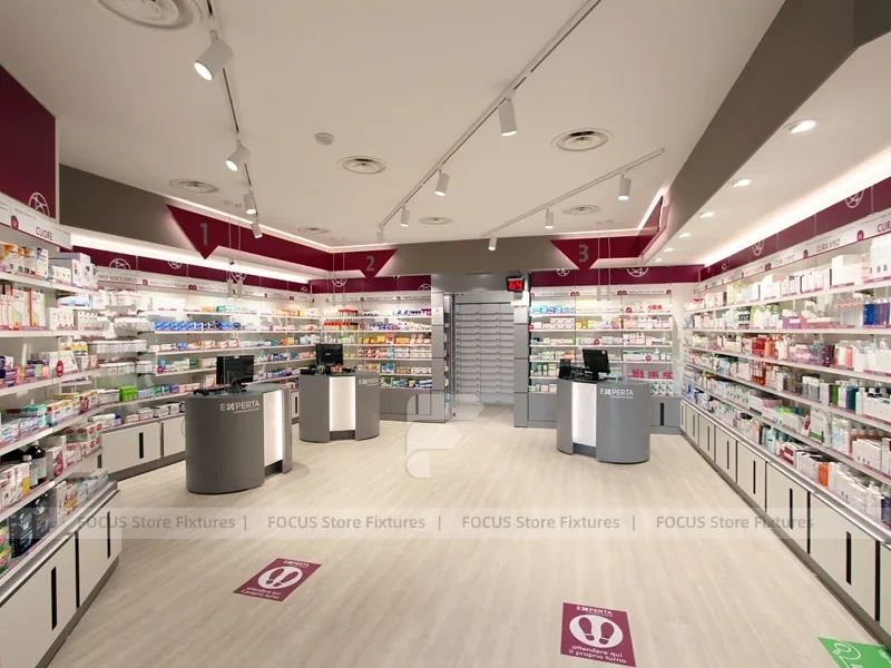 Burgundy Accent Pharmacy Shelving and Service Counters