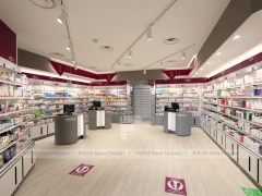 Burgundy Accent Pharmacy Shelving and Service Counters