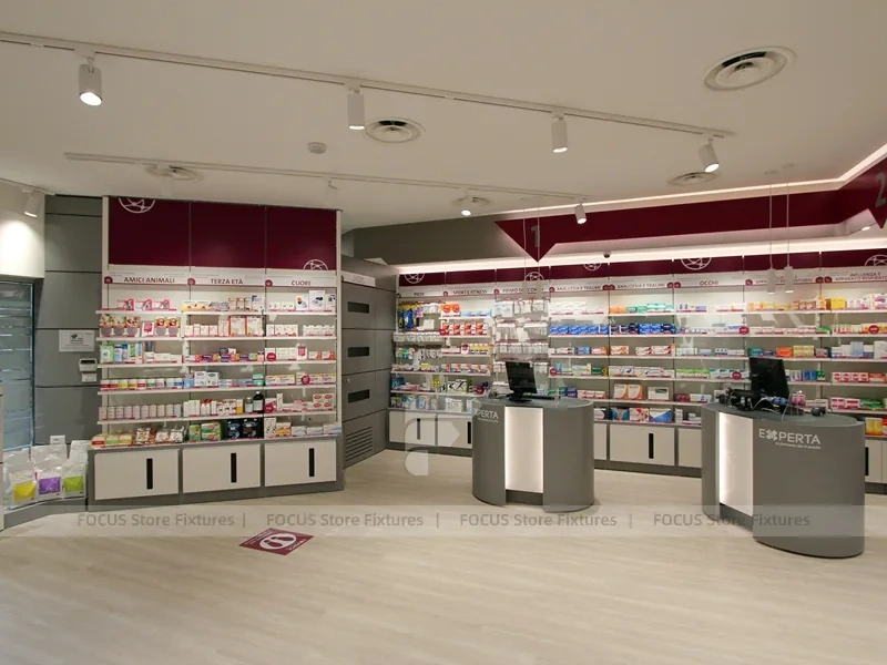 Burgundy Accent Pharmacy Shelving and Service Counters