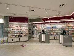 Burgundy Accent Pharmacy Shelving and Service Counters