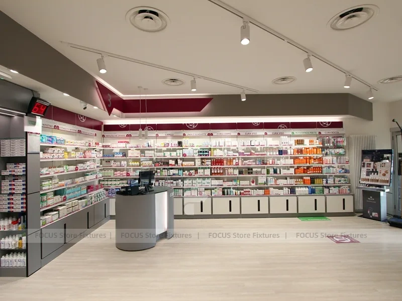 Burgundy Accent Pharmacy Shelving and Service Counters