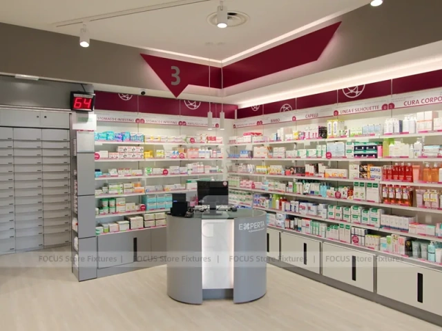 Burgundy Accent Pharmacy Shelving and Service Counters