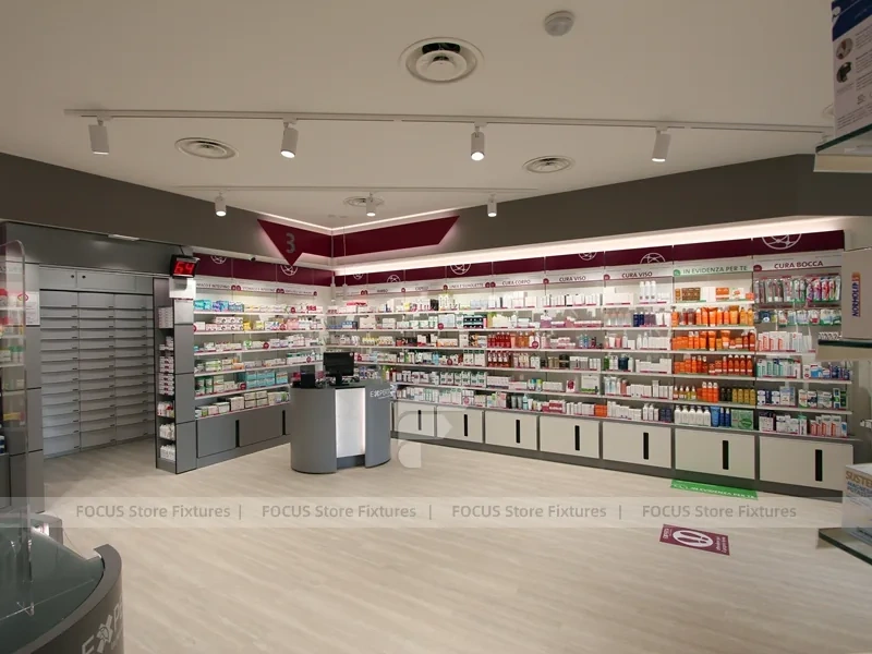 Burgundy Accent Pharmacy Shelving and Service Counters