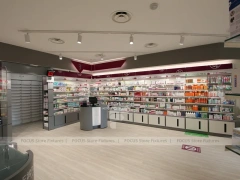 Burgundy Accent Pharmacy Shelving and Service Counters