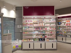 Burgundy Accent Pharmacy Shelving and Service Counters