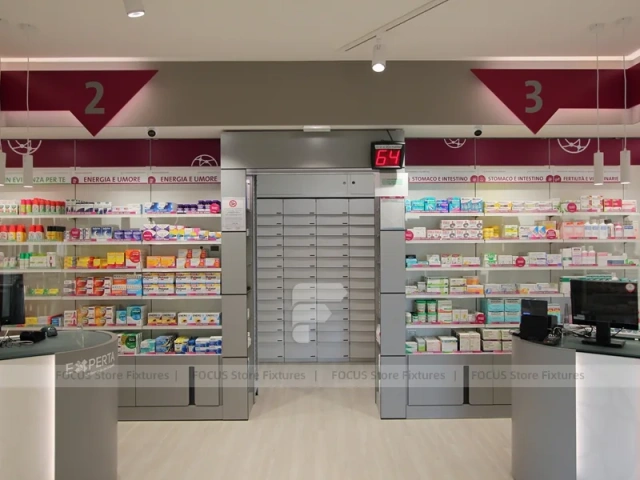 Burgundy Accent Pharmacy Shelving and Service Counters