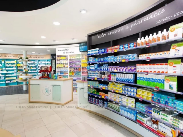 Colorful Pharmacy Wall Shelving with Round Display Table