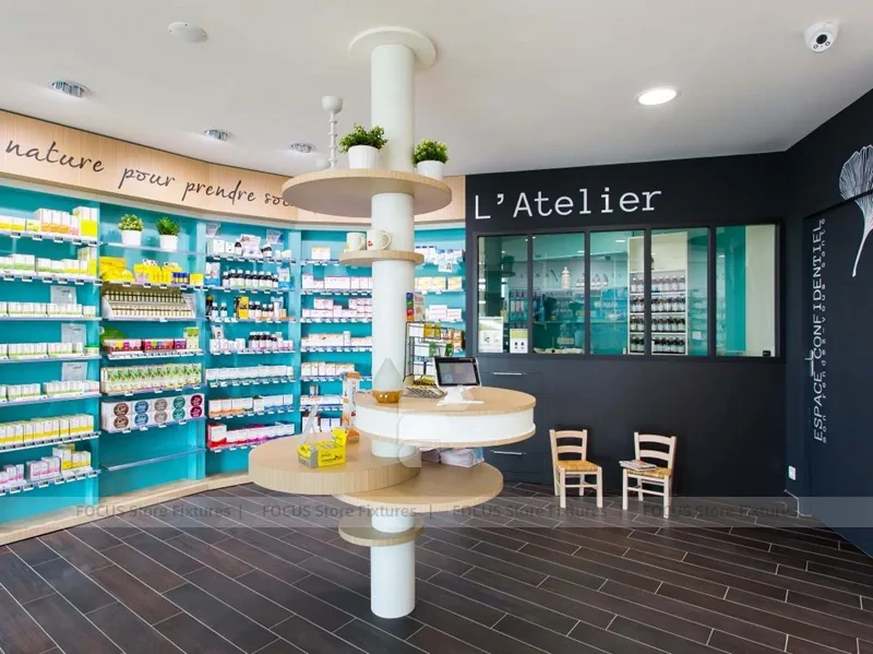Colorful Pharmacy Wall Shelving with Round Display Table