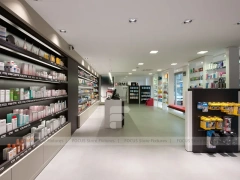 Colorful Pharmacy Wall Shelving with Round Display Table