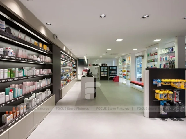 Colorful Pharmacy Wall Shelving with Round Display Table