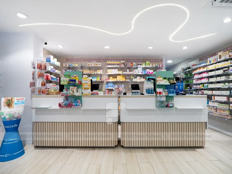 Curved Ceiling Pharmacy Counter and Wall Shelf Interior