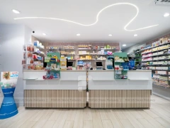 Curved Ceiling Pharmacy Counter and Wall Shelf Interior