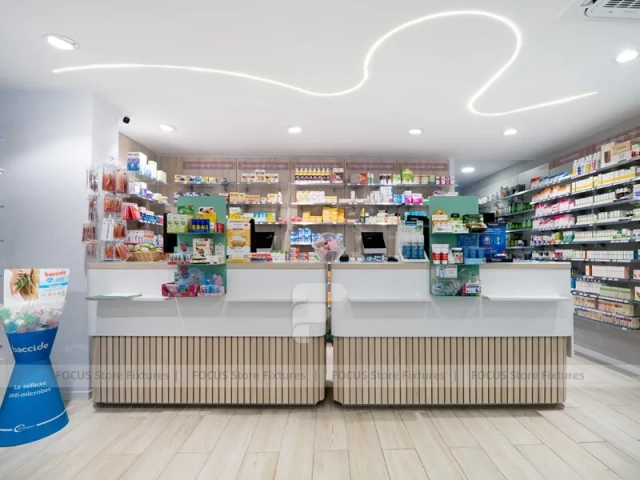 Curved Ceiling Pharmacy Counter and Wall Shelf Interior