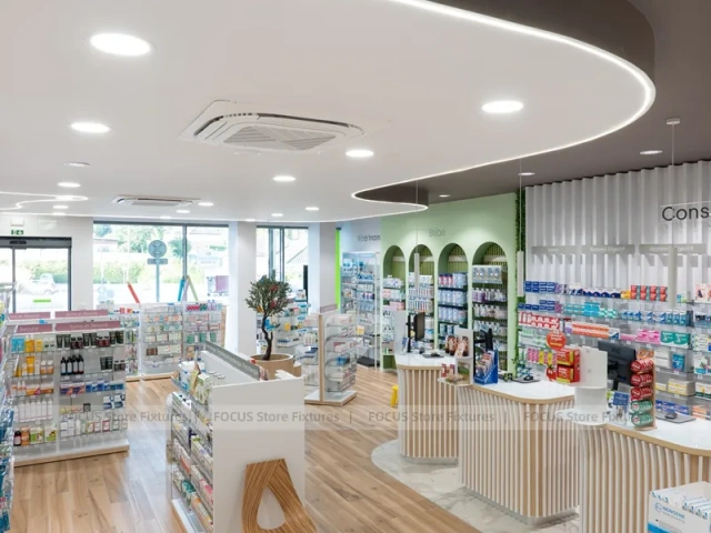 Curved Ceiling Pharmacy Counter and Wall Shelf Interior