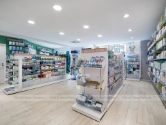 Curved Ceiling Pharmacy Counter and Wall Shelf Interior