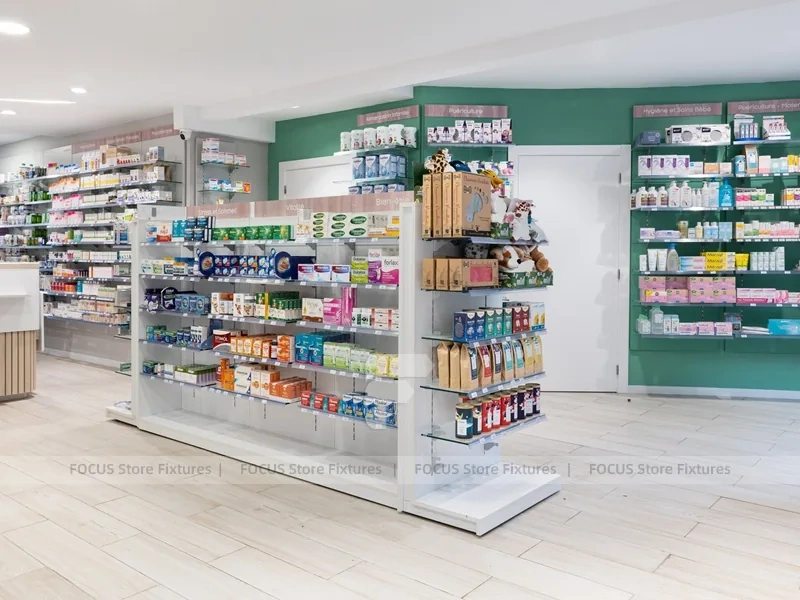 Curved Ceiling Pharmacy Counter and Wall Shelf Interior