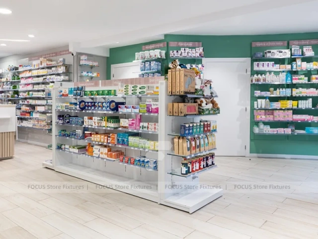 Curved Ceiling Pharmacy Counter and Wall Shelf Interior