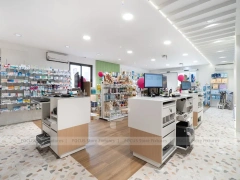 Curved Ceiling Pharmacy Counter and Wall Shelf Interior