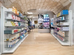 Curved Ceiling Pharmacy Counter and Wall Shelf Interior