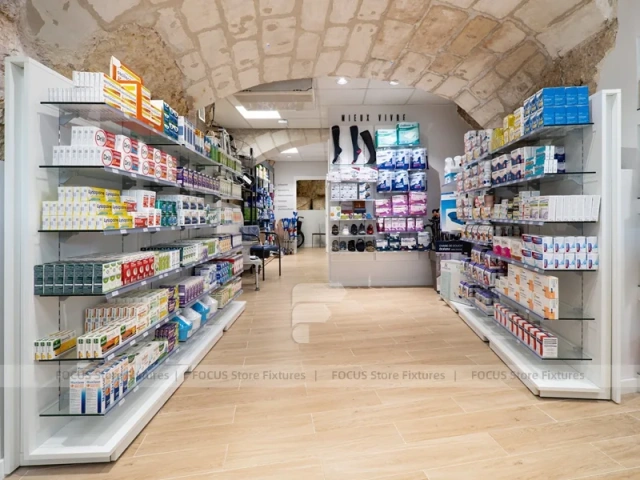 Curved Ceiling Pharmacy Counter and Wall Shelf Interior