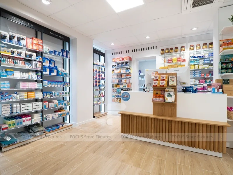 Curved Ceiling Pharmacy Counter and Wall Shelf Interior