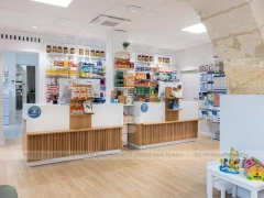 Curved Ceiling Pharmacy Counter and Wall Shelf Interior