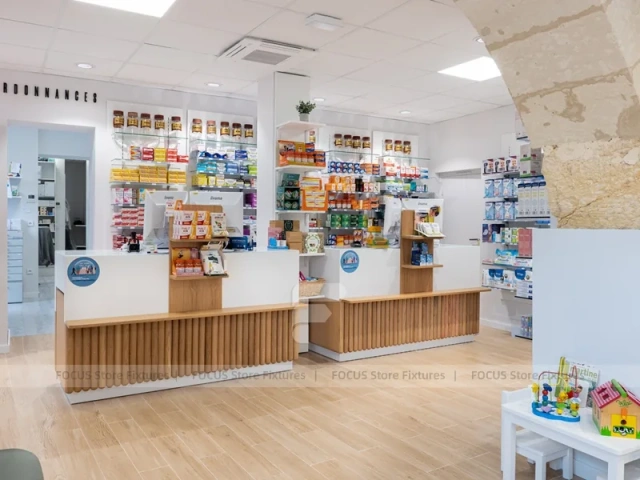 Curved Ceiling Pharmacy Counter and Wall Shelf Interior