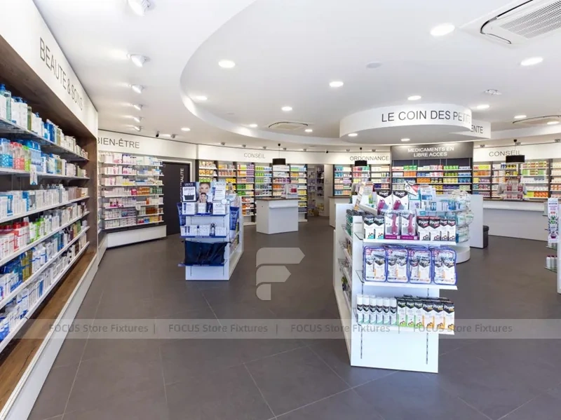Curved Pharmacy Wall Shelving and Central Display Island
