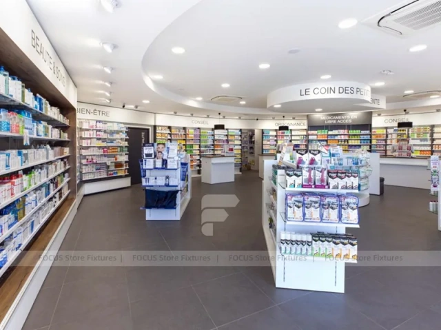 Curved Pharmacy Wall Shelving and Central Display Island