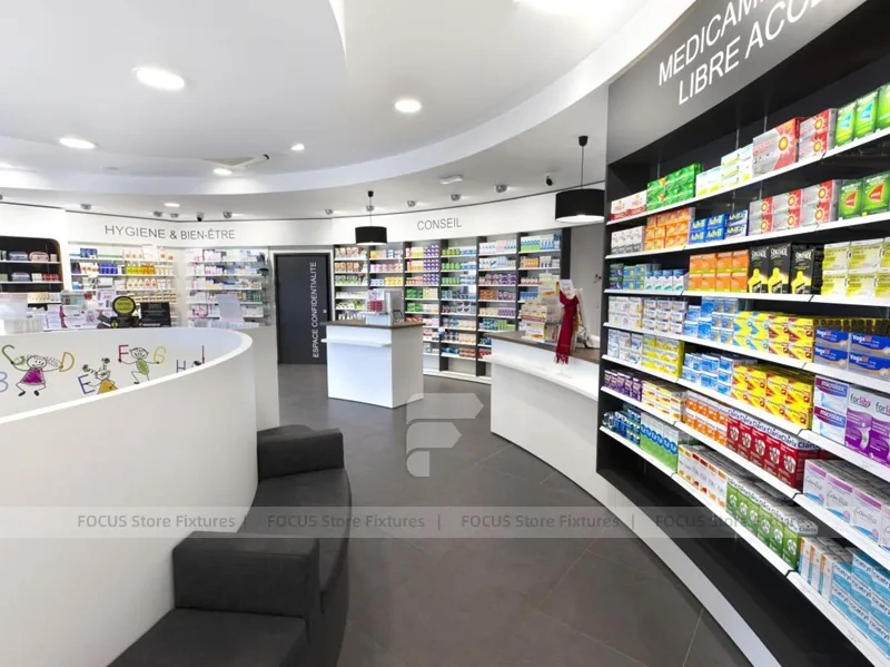 Curved Pharmacy Wall Shelving and Central Display Island
