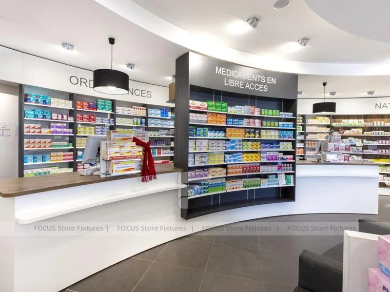 Curved Pharmacy Wall Shelving and Central Display Island
