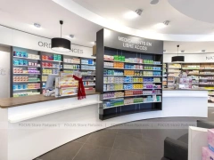 Curved Pharmacy Wall Shelving and Central Display Island