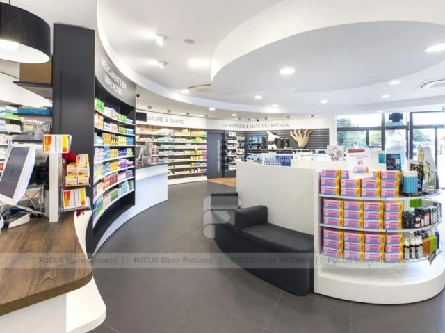Curved Pharmacy Wall Shelving and Central Display Island