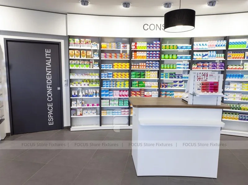 Curved Pharmacy Wall Shelving and Central Display Island