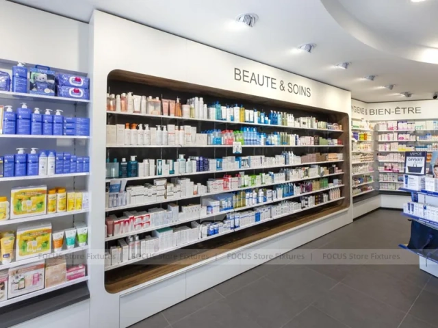 Curved Pharmacy Wall Shelving and Central Display Island