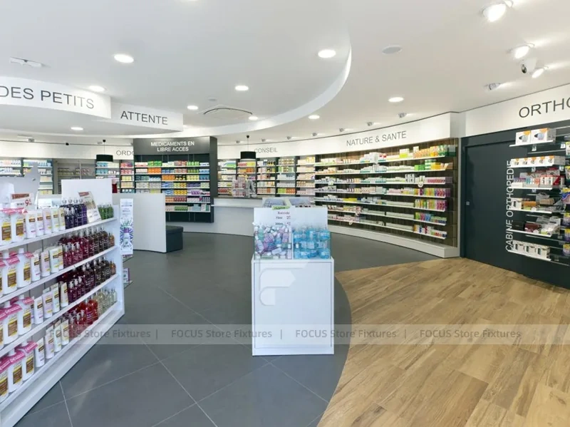 Curved Pharmacy Wall Shelving and Central Display Island