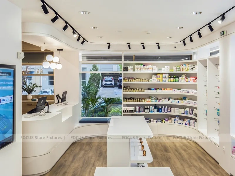 Curved White Pharmacy Counter with Wood Wall Shelving