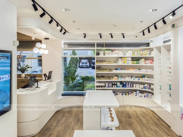 Curved White Pharmacy Counter with Wood Wall Shelving