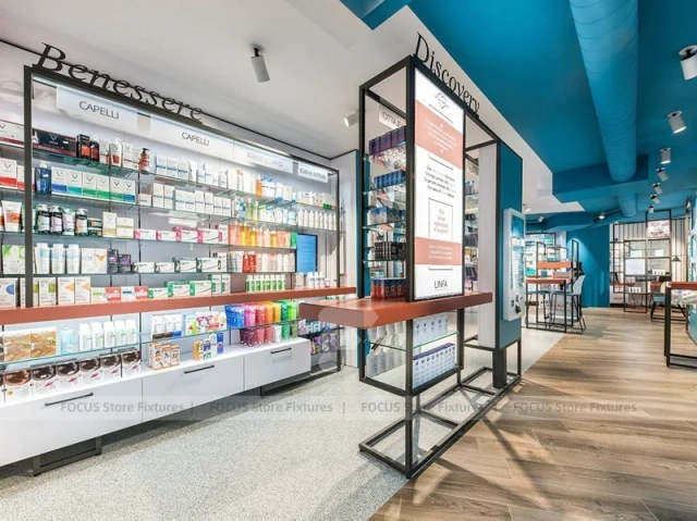 Cyan Blue Pharmacy Glass Door Retail Shelving Design