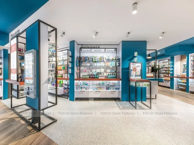 Cyan Blue Pharmacy Glass Door Retail Shelving Design