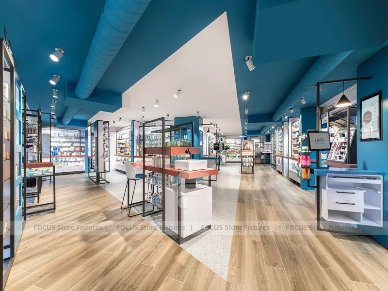 Cyan Blue Pharmacy Glass Door Retail Shelving Design