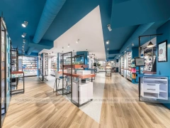 Cyan Blue Pharmacy Glass Door Retail Shelving Design