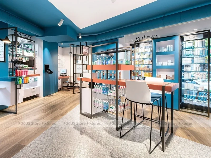 Cyan Blue Pharmacy Glass Door Retail Shelving Design