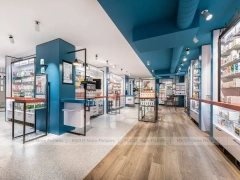 Cyan Blue Pharmacy Glass Door Retail Shelving Design