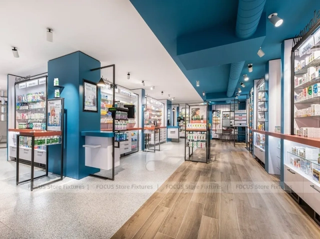 Cyan Blue Pharmacy Glass Door Retail Shelving Design